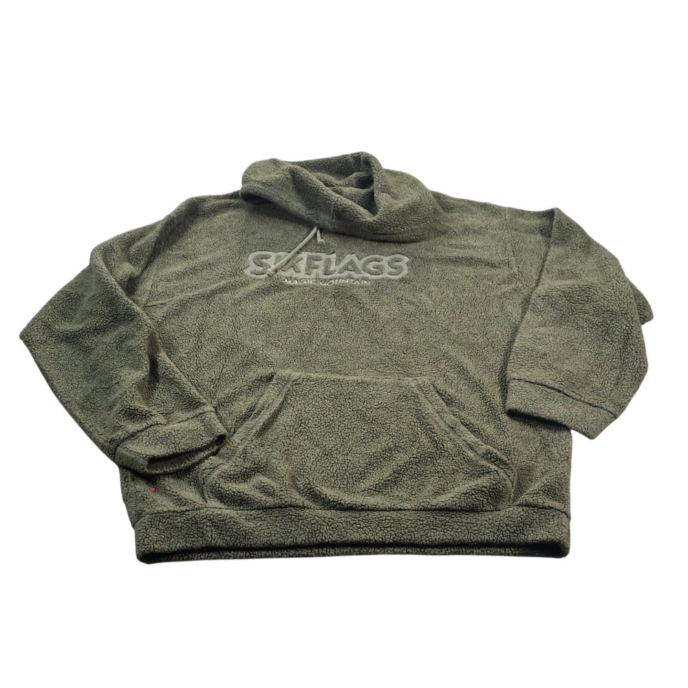 Six Flags‎ Hoodie Mens 2XL Green Sherpa Fleece Pullover Magic Mountain Pocket